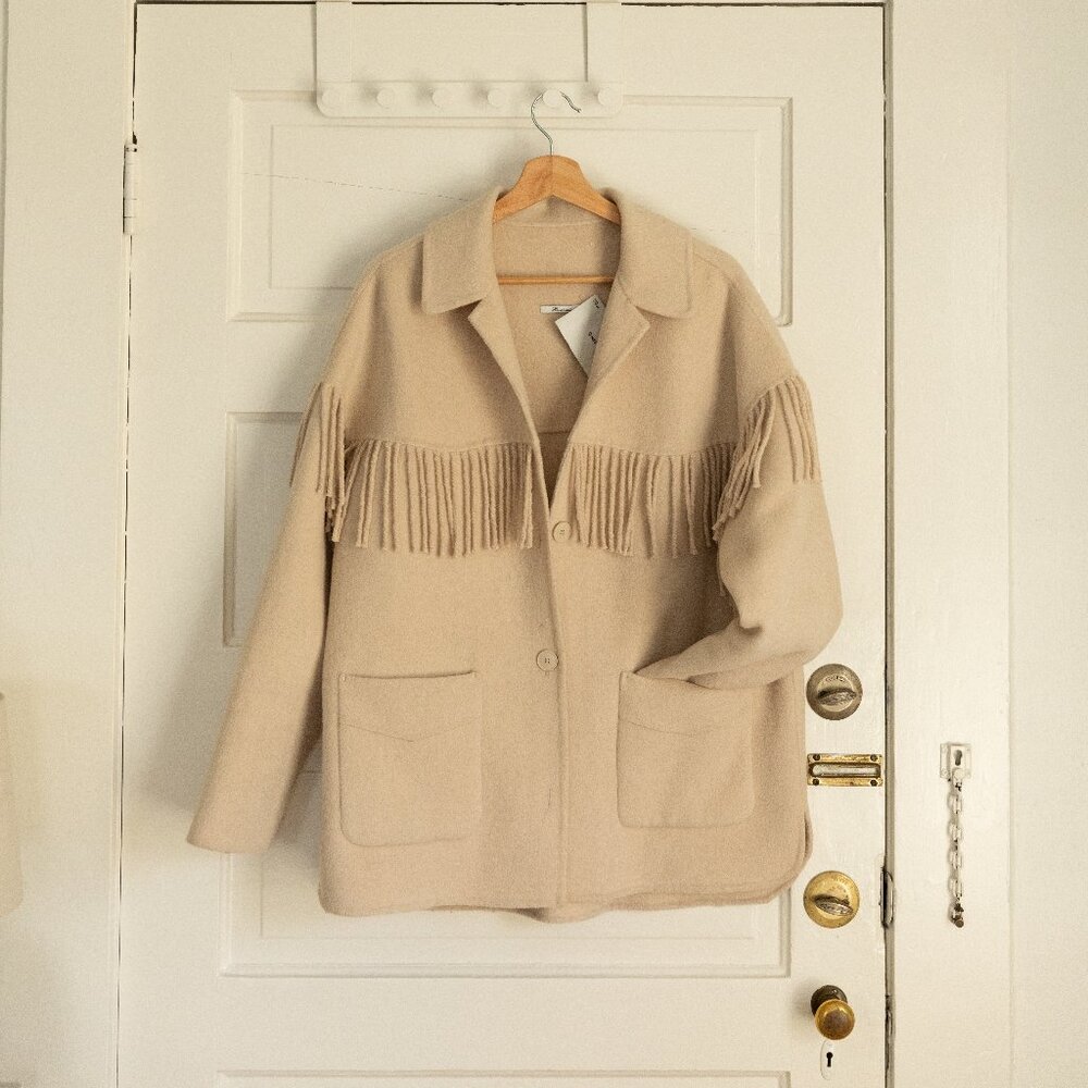 MANGO Fringed Wool-Blend Jacket – Women’s Size Medium (Ecru)